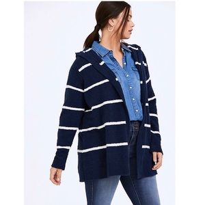 Blue Stripe Fuzzy Open Front Hooded Cardigan